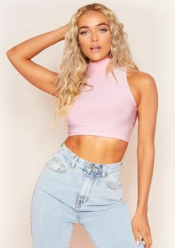 Camila Baby Pink High Neck Cropped Racer Crop Top^Missy Empire Clearance