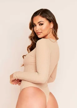 Camila Beige Ribbed Long Sleeve Bodysuit^Missy Empire Cheap
