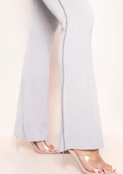 Store Capri Grey Contrast Stitch Ribbed Flared Trousers Women Trousers
