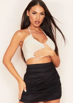 Cara Champagne Ruched Slinky Halterneck Crop Top^Missy Empire Outlet