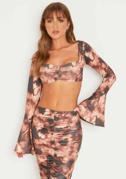 Catalina Brown Printed Flare Cuff Slinky Crop Top^Missy Empire Outlet
