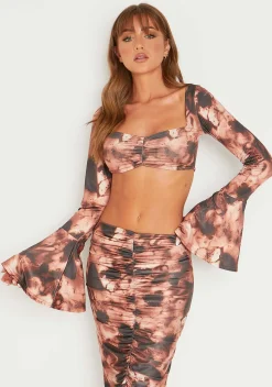 Catalina Brown Printed Flare Cuff Slinky Crop Top^Missy Empire Outlet