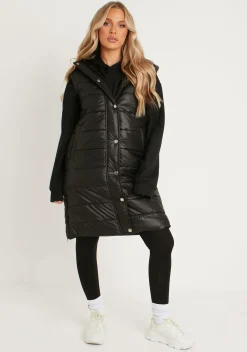 Cathy Black Pu Longline Gilet Puffer Jacket^Missy Empire Outlet