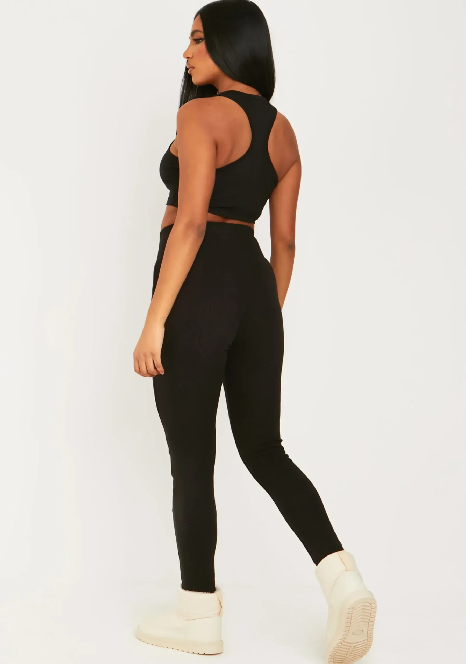 Cheap Cerys Black Missy Tab Detail Thick Rib Leggings Women Loungewear