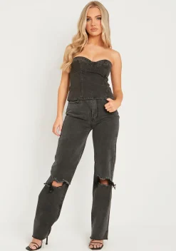 Chantal Black Wash Denim Corset Top^Missy Empire Discount