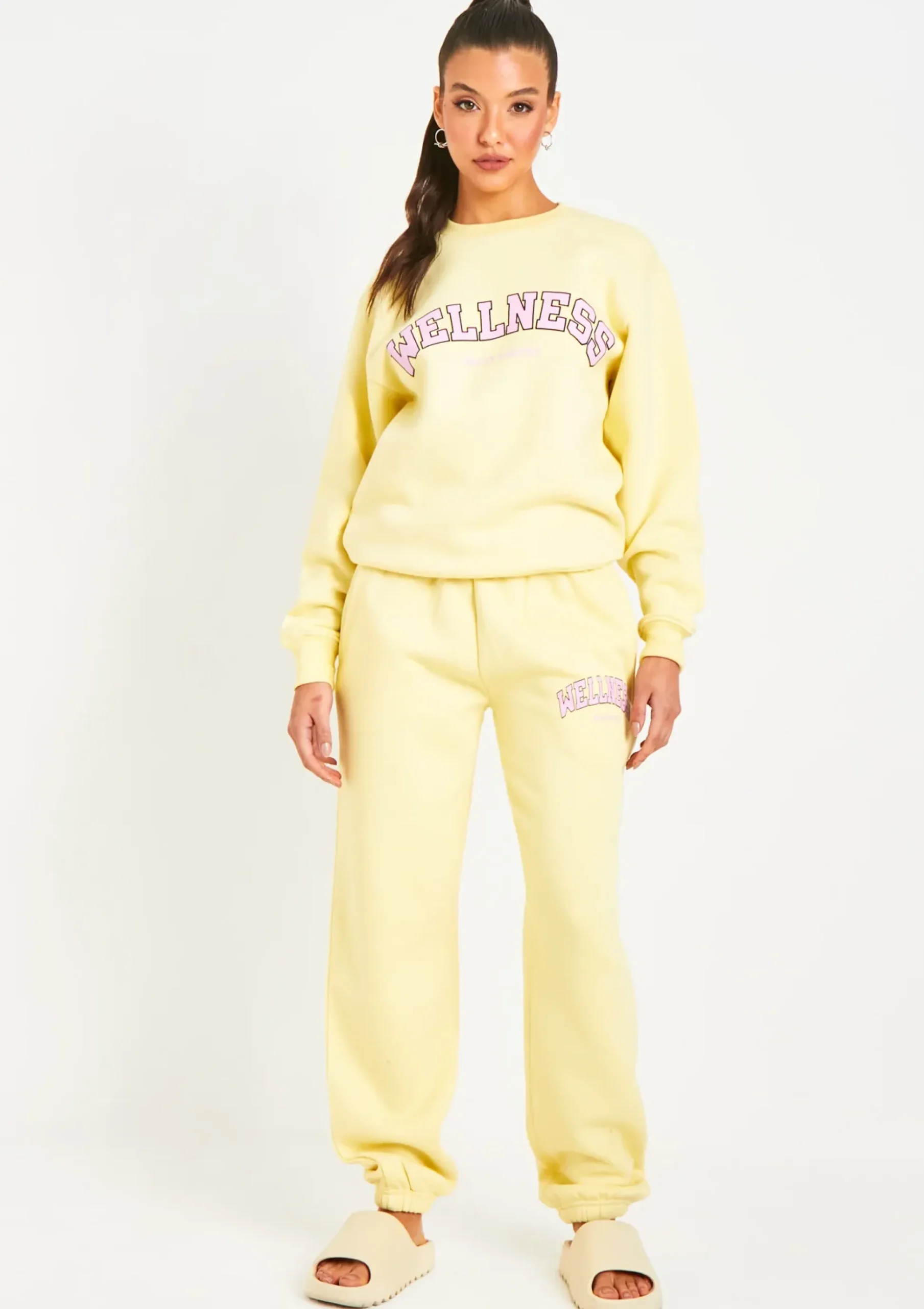 Best Charlie Lemon Yellow Wellness Slogan Jogger Co-Ord Women Tracksuits