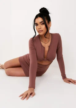 Best Charlotte Mocha Long Sleeve Knot Front Cut Out Mini Dress Women Dresses