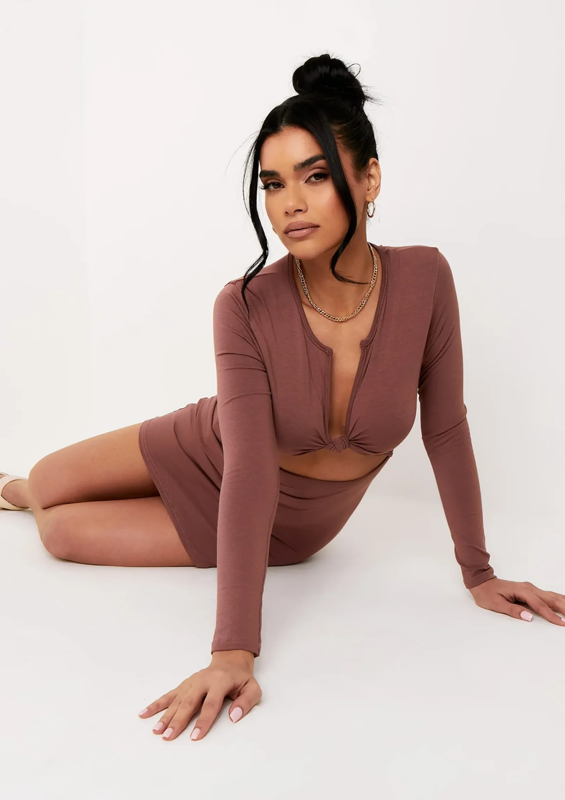 Best Charlotte Mocha Long Sleeve Knot Front Cut Out Mini Dress Women Dresses