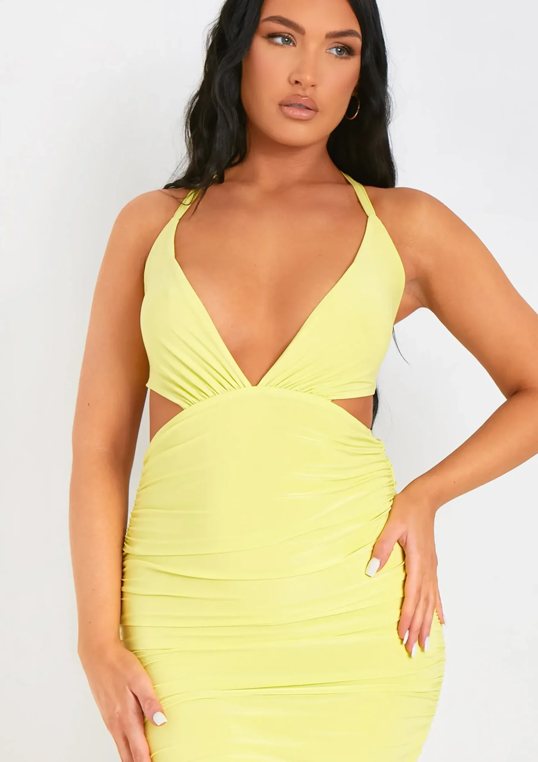 Sale Chaya Lime Slinky Cut Out Halter Neck Midi Dress Women Dresses