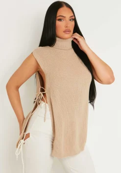 Cheryl Beige Knitted Roll Neck Tie Side Vest^Missy Empire Store