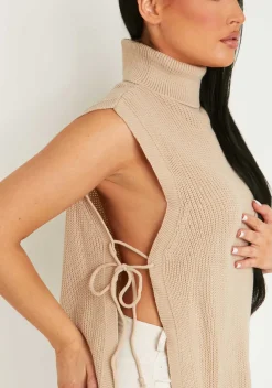 Cheryl Beige Knitted Roll Neck Tie Side Vest^Missy Empire Store