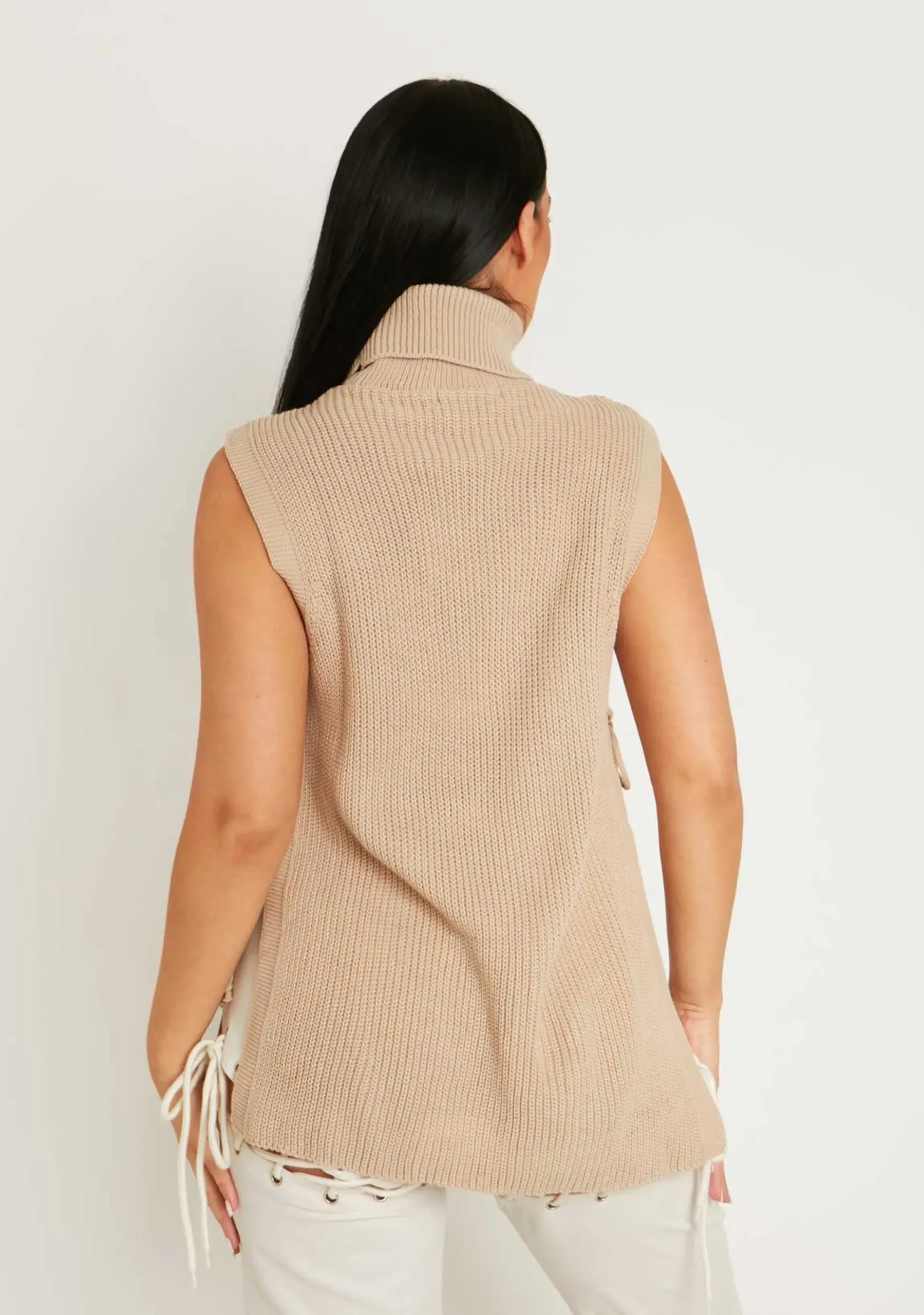 Cheryl Beige Knitted Roll Neck Tie Side Vest^Missy Empire Store