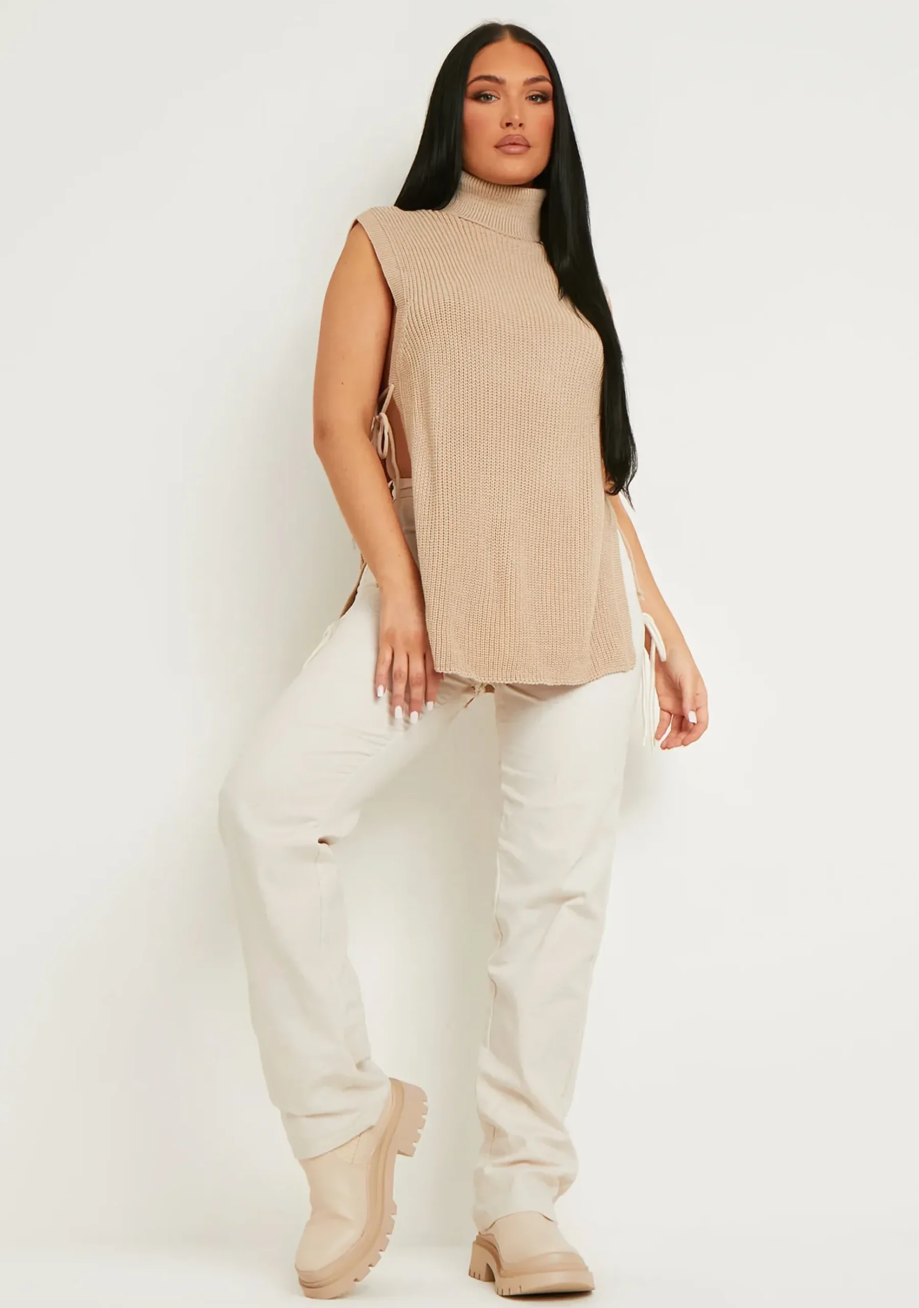 Cheryl Beige Knitted Roll Neck Tie Side Vest^Missy Empire Store