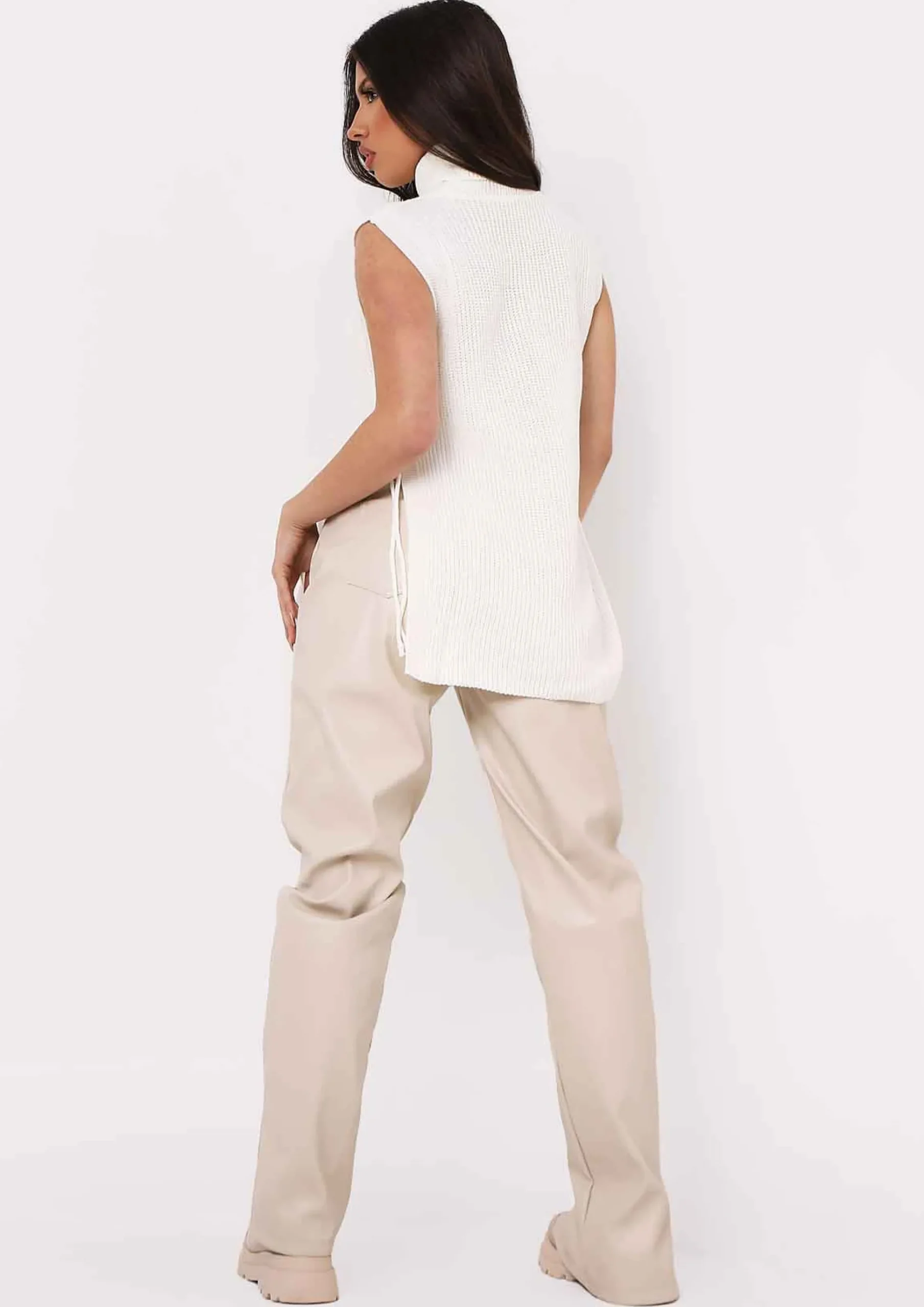 Cheryl Cream Knitted Roll Neck Tie Side Vest^Missy Empire Flash Sale