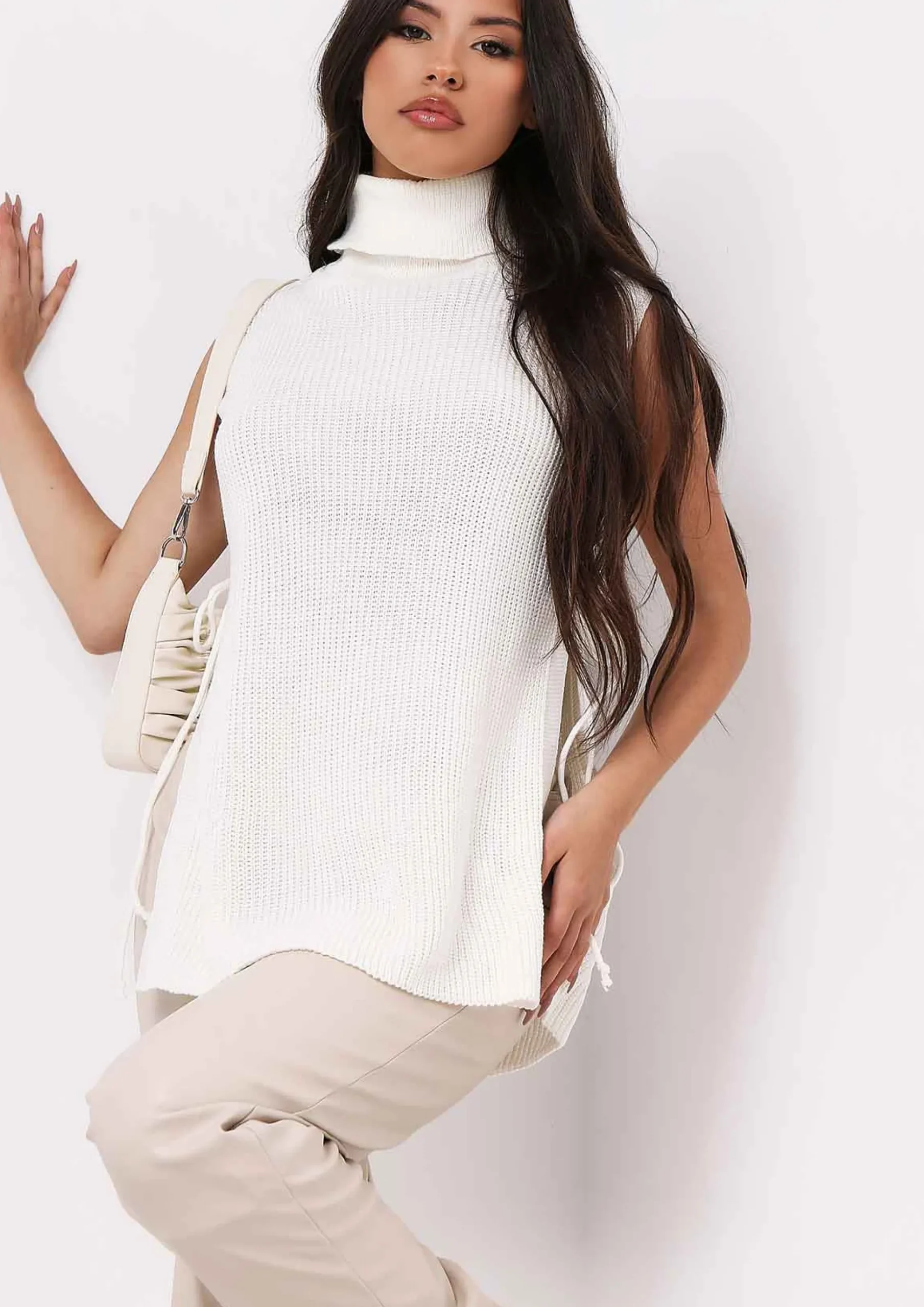 Cheryl Cream Knitted Roll Neck Tie Side Vest^Missy Empire Flash Sale