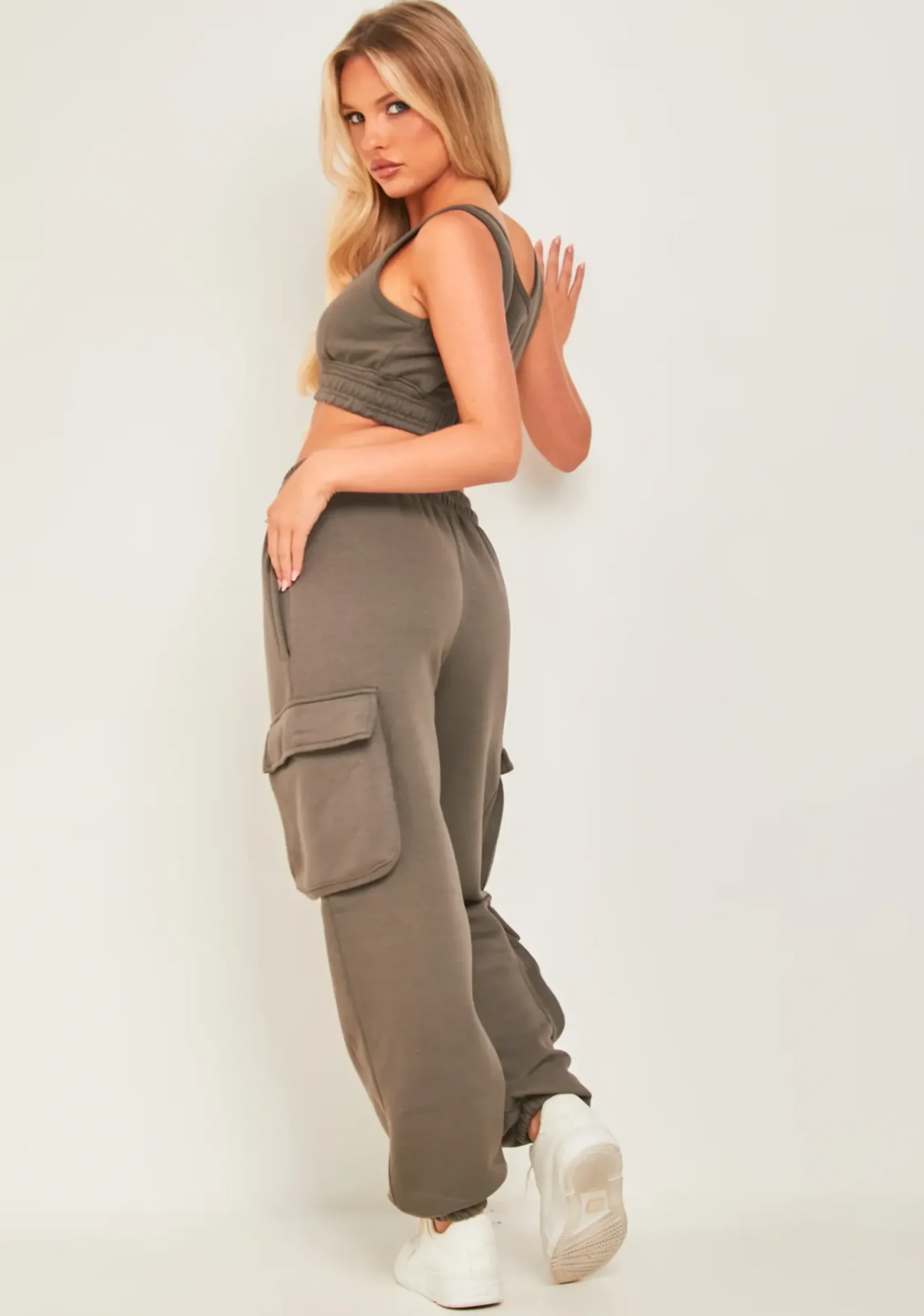 Hot Chloe Dark Taupe Cropped Cargo Tracksuit Set Women Tracksuits
