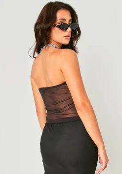 Ciara Black Mesh Halter Neck Tie Front Drape Detail Top^Missy Empire New