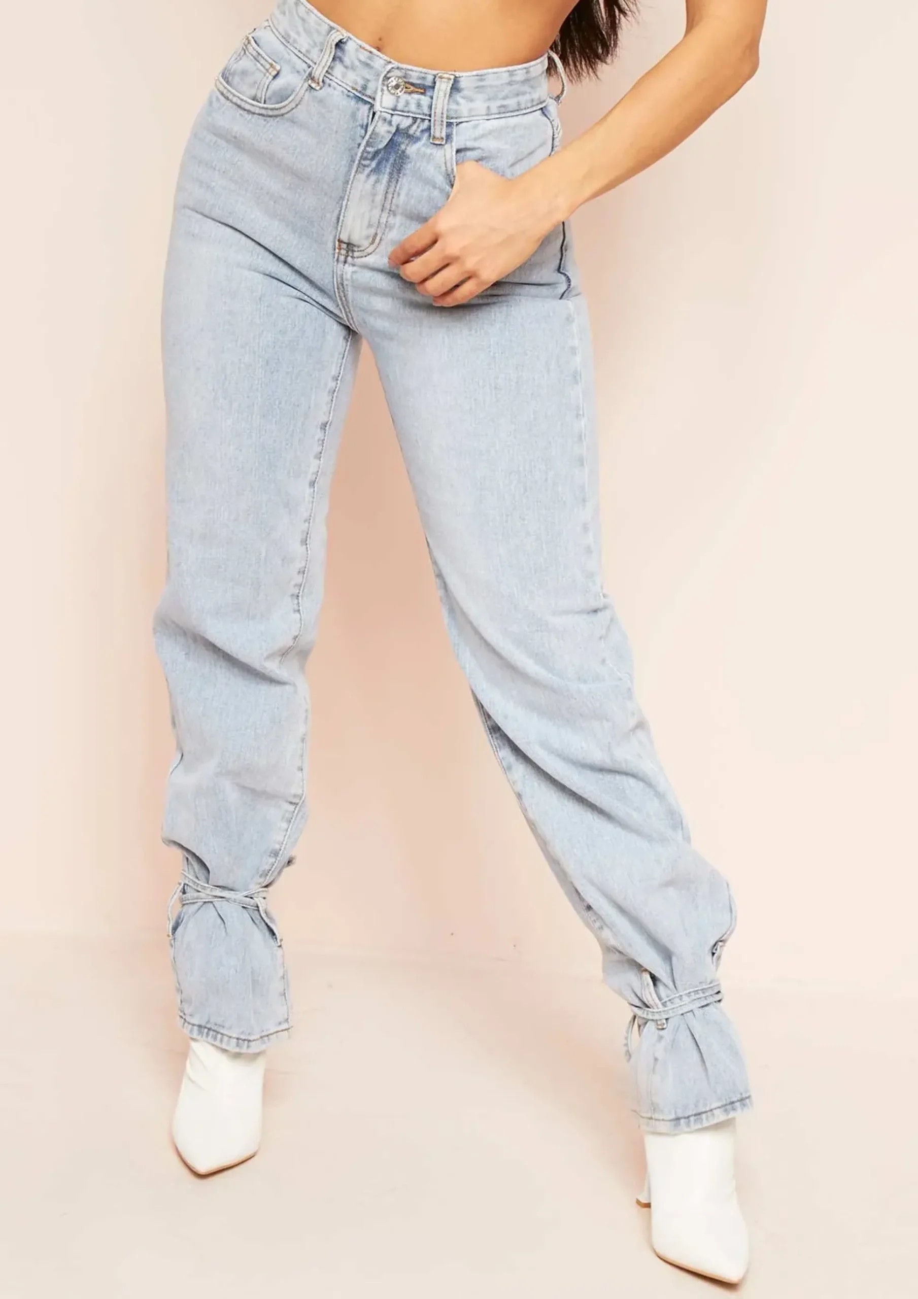 Cici Denim Light Wash Tie Hem Straight Leg Jeans^Missy Empire Clearance