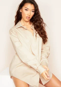 Clara Beige Thick Cotton Oversized Shirt^Missy Empire Fashion
