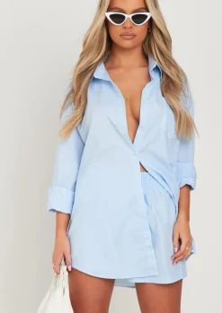 Clara Pastel Blue Thick Cotton Oversized Shirt^Missy Empire Flash Sale
