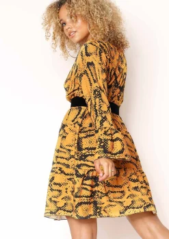 Sale Clare Mustard Snake Print Smock Dress Women Dresses
