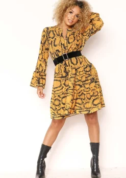 Sale Clare Mustard Snake Print Smock Dress Women Dresses