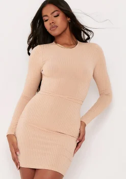 Cheap Clarise Beige Cut Out Back Tie Waist Rib Mini Dress Women Dresses
