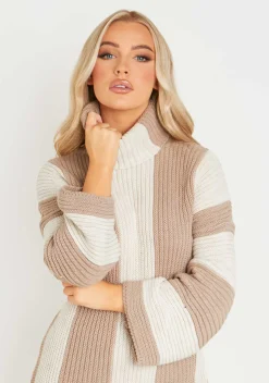 Sale Coco Beige Knitted Stripe Roll Neck Jumper Dress Women Dresses