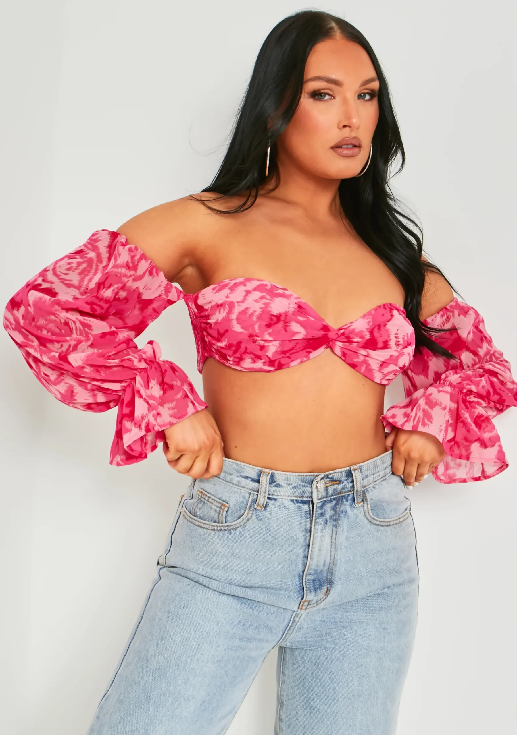 Colleen Pink Puff Sleeve Bardot Crop Top^Missy Empire Hot