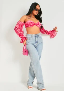 Colleen Pink Puff Sleeve Bardot Crop Top^Missy Empire Hot