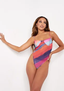 Corah Multi Stripe Print Strappy Mesh Bodysuit^Missy Empire Hot
