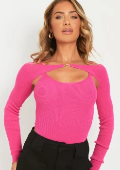 Coraline Pink Cut Out Shoulder Knit Bodysuit^Missy Empire Fashion