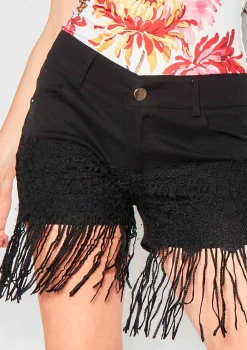 Cheap Cordelia Black Denim Crochet Lace Tassel Shorts Women Shorts