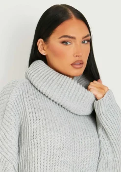 Online Courtney Light Grey Roll Neck Knitted Dip Hem Jumper Dress Women Dresses