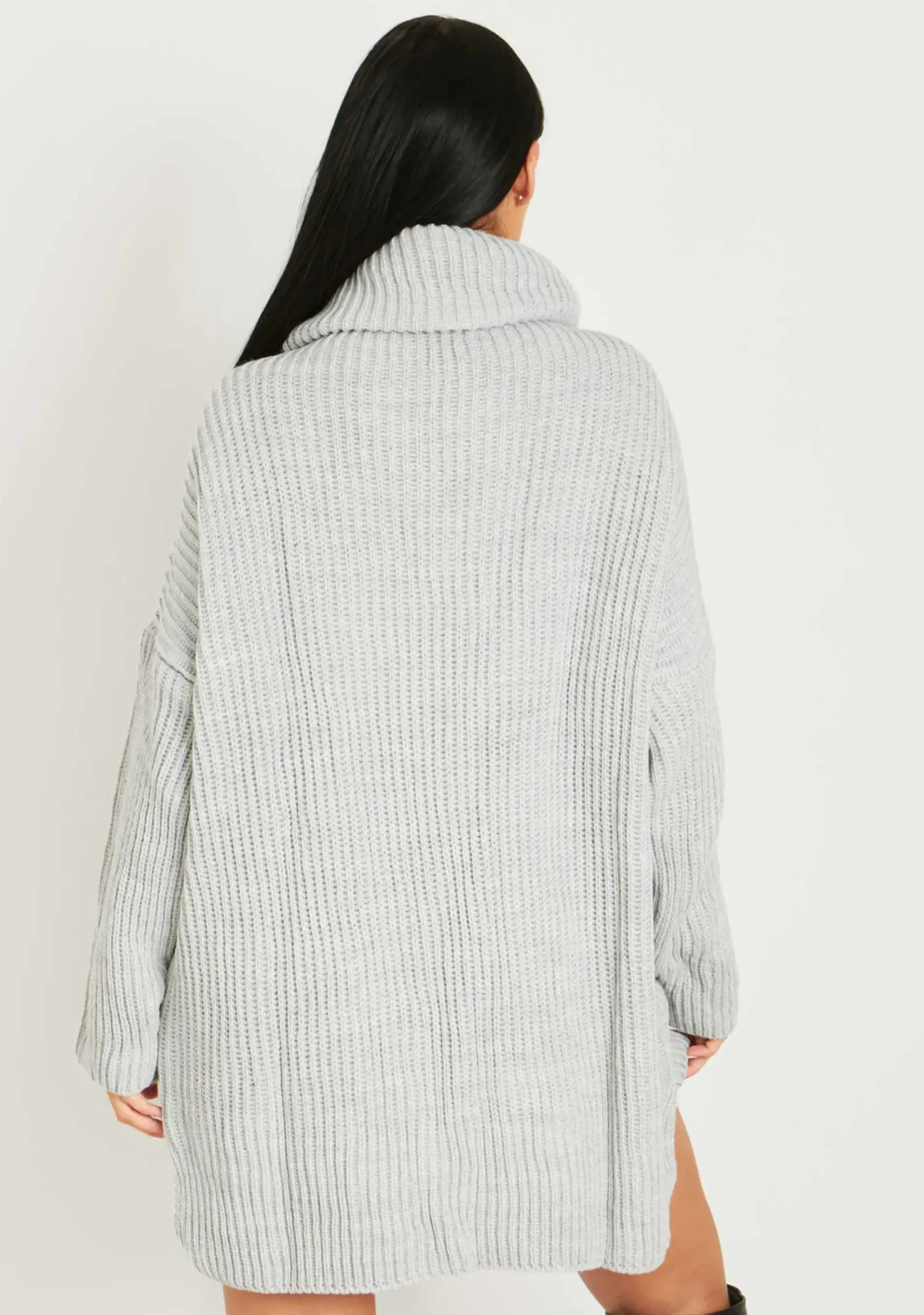 Online Courtney Light Grey Roll Neck Knitted Dip Hem Jumper Dress Women Dresses