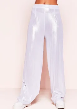 Cheap Crystal Silver Metallic Wide Leg Trousers Women Trousers