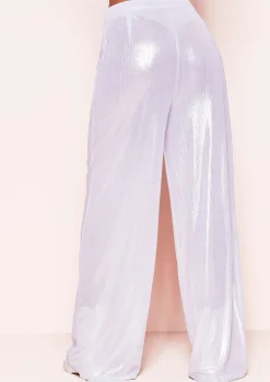 Cheap Crystal Silver Metallic Wide Leg Trousers Women Trousers