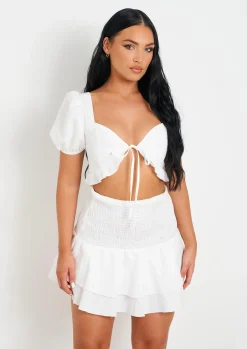 Crystal White Woven Shirred Back Tie Front Crop Top^Missy Empire Cheap