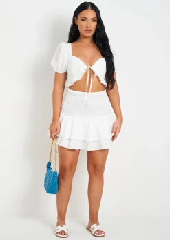 Crystal White Woven Shirred Back Tie Front Crop Top^Missy Empire Cheap