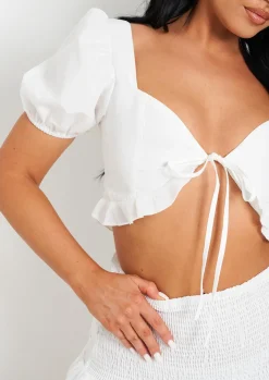 Crystal White Woven Shirred Back Tie Front Crop Top^Missy Empire Cheap