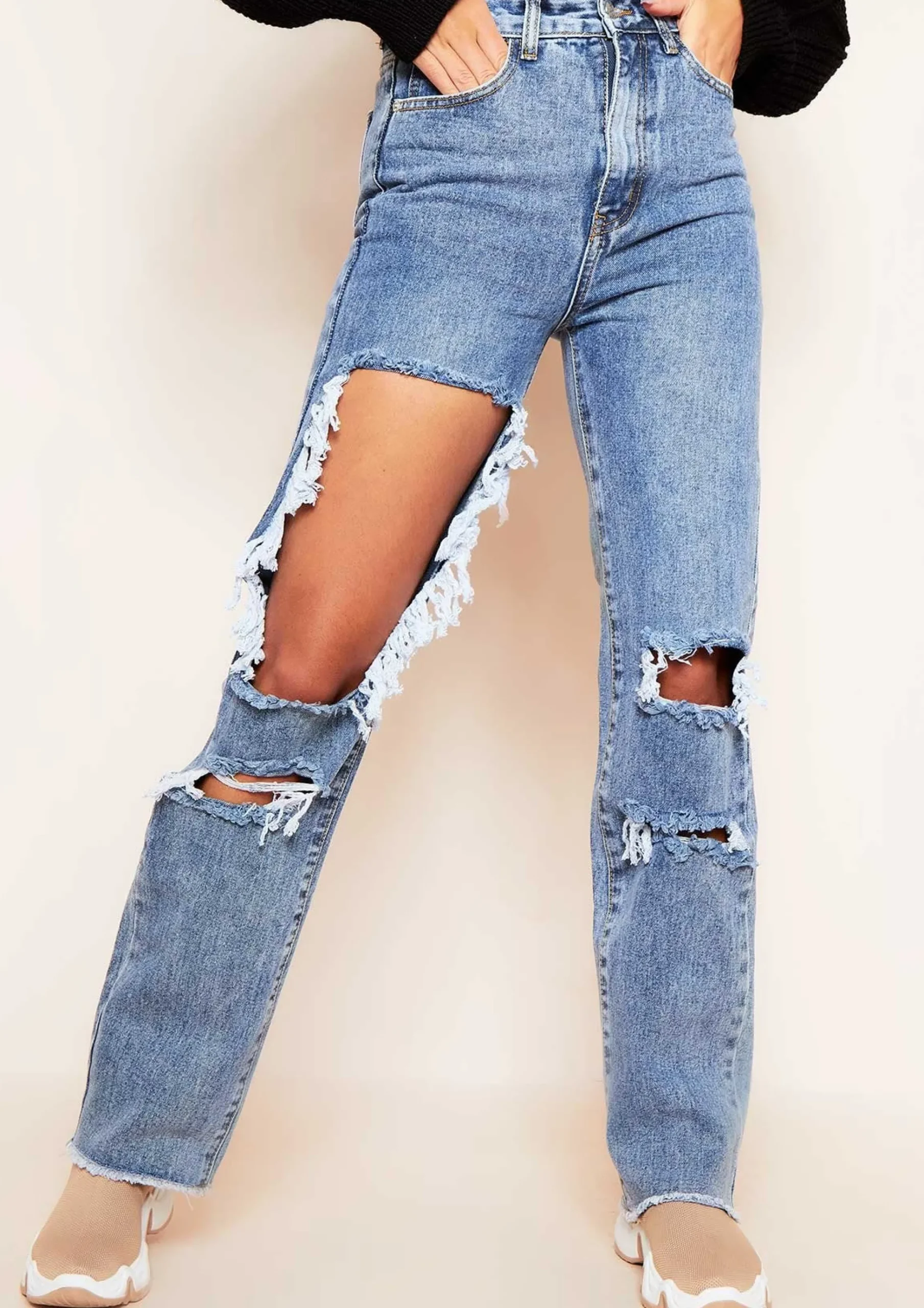 Cyntoia Blue Mid Wash High Waisted Cut Out Ripped Denim Straight Leg Jeans^Missy Empire Hot