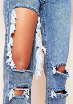 Cyntoia Blue Mid Wash High Waisted Cut Out Ripped Denim Straight Leg Jeans^Missy Empire Hot