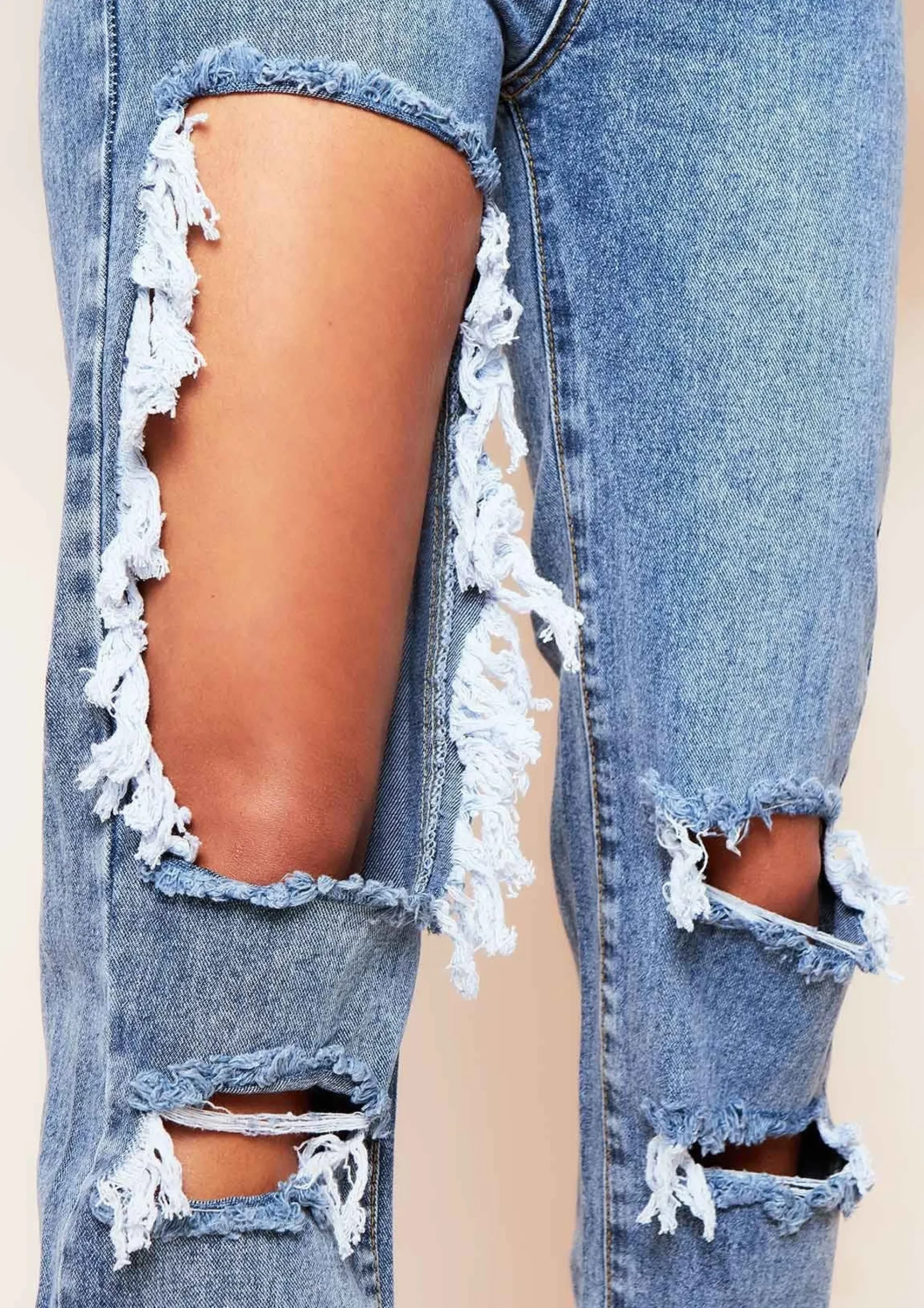 Cyntoia Blue Mid Wash High Waisted Cut Out Ripped Denim Straight Leg Jeans^Missy Empire Hot