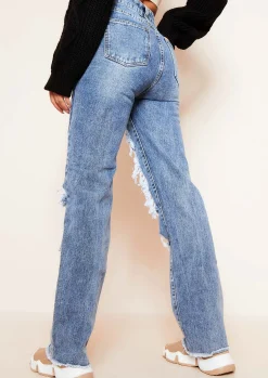 Cyntoia Blue Mid Wash High Waisted Cut Out Ripped Denim Straight Leg Jeans^Missy Empire Hot
