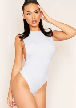 Damita Light Grey Ribbed Extreme Cut Out Bodysuit^Missy Empire Fashion