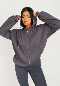 Online Dani Charcoal Ski Paradise Embroidered Oversized Zip Through Hoodie Women Loungewear