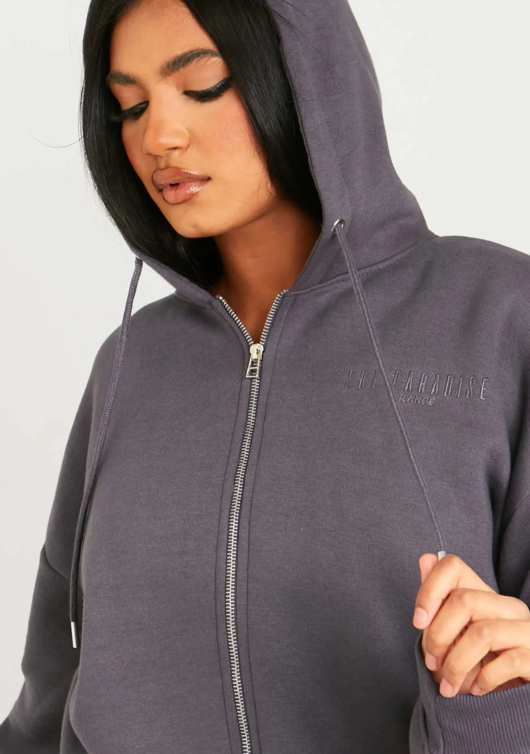 Online Dani Charcoal Ski Paradise Embroidered Oversized Zip Through Hoodie Women Loungewear