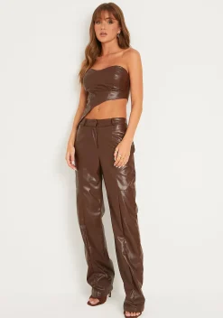 Daniella Brown Faux Leather Asymmetric Corset^Missy Empire Best Sale