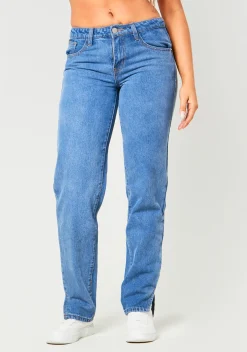 Daniella Mid Wash Blue Denim Low Rise Split Hem Jean^Missy Empire Sale