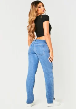Daniella Mid Wash Blue Denim Low Rise Split Hem Jean^Missy Empire Sale